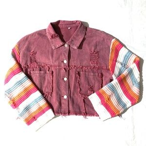 EUC Vintage Boho Distressed Denim and Crochet Jacket